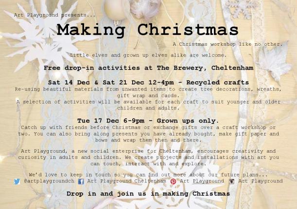 Making Christmas_free recycled craft workshops at The Brewery. Sat 14 and 21 Dec 12-4pm all ages, Tue 17 Dec, 6-9pm grown ups only